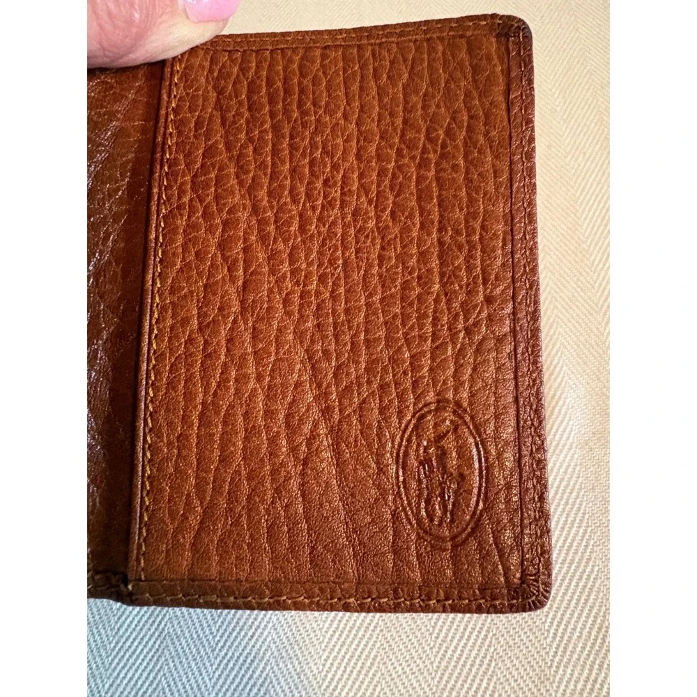 90s Polo Ralph Lauren Mens Pebbled Leather Bifold Card Case Wallet Cognac Brown‎